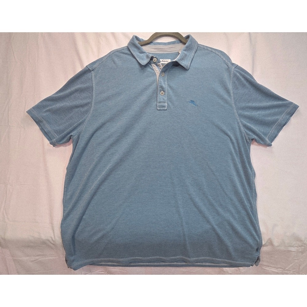 Tommy Bahama Mens XXL Blue Striped Short Sleeve Polo Shirt Coastal Beachy Marlin